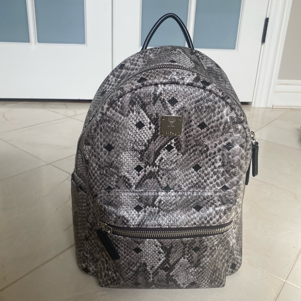 MCM Grey Snakeskin Printed Leather Backpack